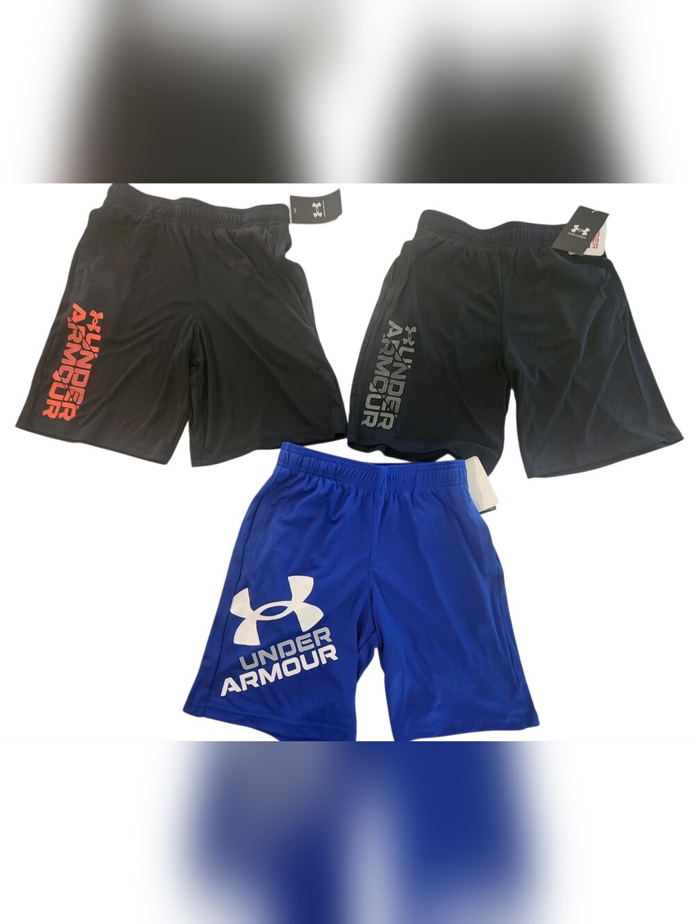 Under Armour Athletic Shorts Bundle — Black (2) & Blue Boy's Size Medium